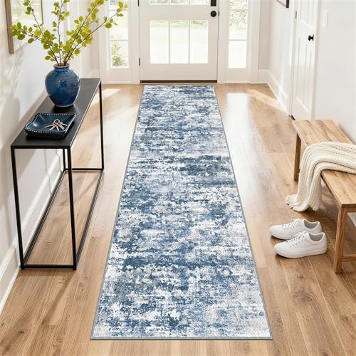 Modern Hallway Runner Rug 2x6, Textured Non Slip Carpet Runner, Blue by TTelephant