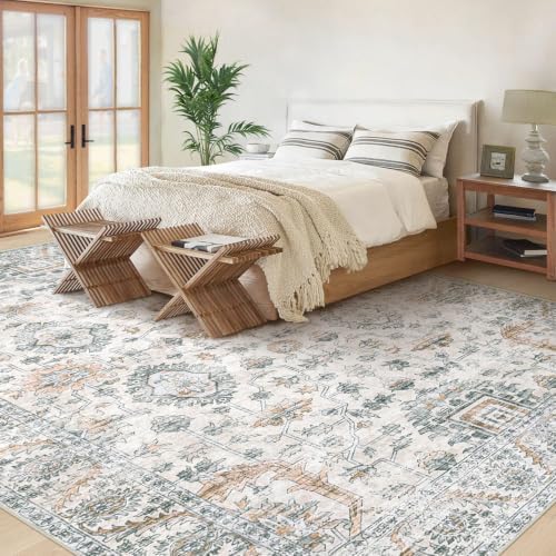 XLUEZ Area Rug 9x12 Living Room Rug, Machine Washable Vintage Distressed Boho Area Rug Non-Slip Soft Low Pile Large Indoor Rugs for Bedroom Kitchen Dining Room Office(Brown Green,9'x12') - Image 3