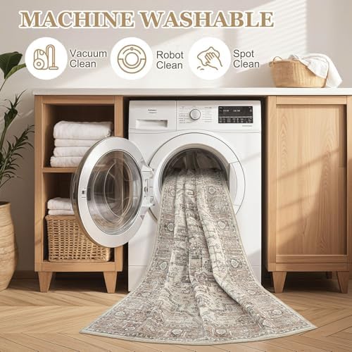 Washable 6x9 Area Rugs for Living Room: Soft Light Brown Vintage Rug - Image 4