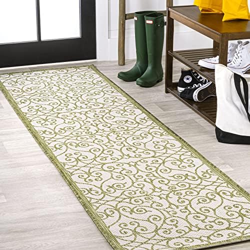 JONATHAN Y Vintage Filigree Indoor Outdoor Runner Rug 2X10 Green/Cream, Madrid Textured Weave for Backyard, Patio, Porch, Easy-Cleaning, High Traffic, Pet-Friendly, Non-Shedding (SMB107H-210) by JONATHANY