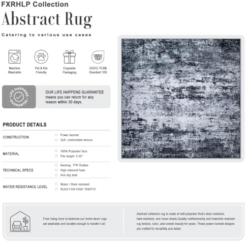 Area Rug Living Room: 5x5 Modern Washable Indoor Carpet Black - Image 2
