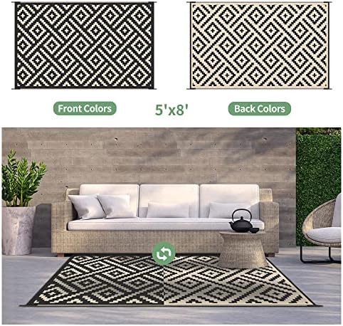 GENIMO Outdoor Rug, Waterproof Plastic Rugs for Patio, 5'x8' Black Beige - Image 4