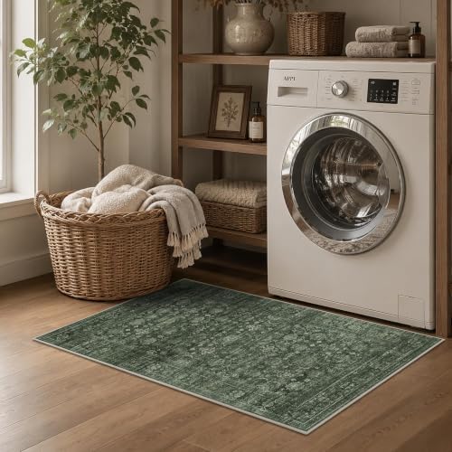 JOOJA 2x3 Dark Olive Green Vintage Soft Low Pile Washable Boho Entryway Rug - Image 2