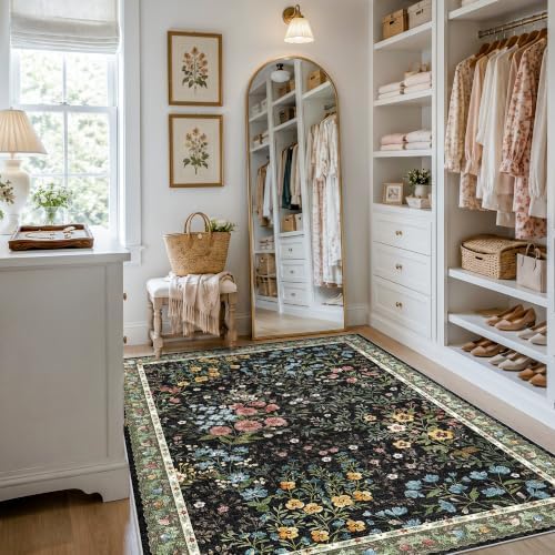 4x6 Washable Entryway Area Rug: Non Slip Floral Washable Entry Rug Living Room Area Rug for Indoor Floor Kitchen Bedroom - Soft Thin Door Mat Carpet Boho Vintage Home Decor (4'x6', Black) - Image 5