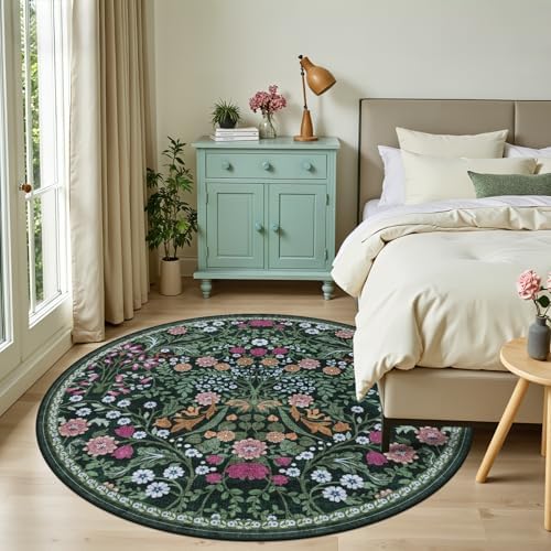 PLHXFR Round Area Rug Living Room: 6 ft Floral Washable Carpet Dark Green - Image 3
