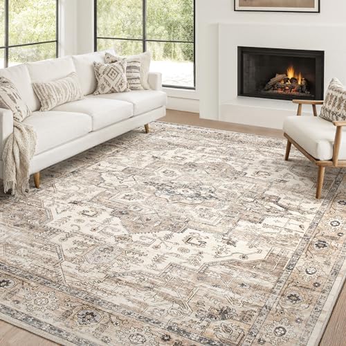 10x14 Area Rug for Living Room: Washable Vintage Tea Brown Rug by ZUNTKON