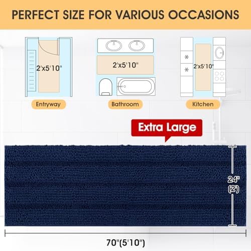 ACCUMTEK Extra Long Striped Navy Blue Bathroom Rug Mat 70"x24" Ultra Soft, Non Slip Chenille Bath Rugs, Absorbent Plush Shaggy Bath Mats for Bathroom, Bedroom, Kitchen, Shower, Tub - Image 2