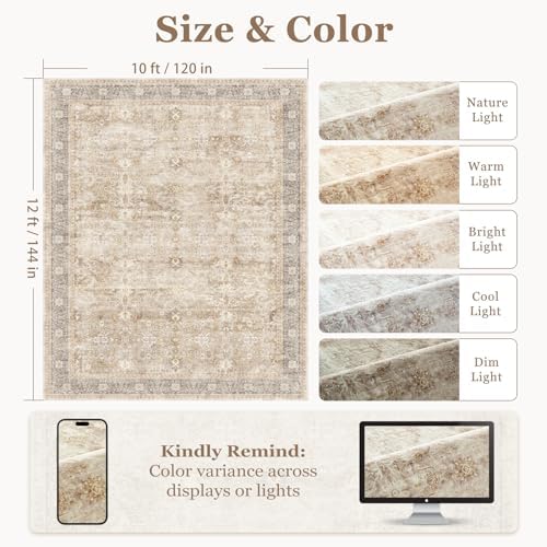 Beige Big Rug 10x12, Vintage Neutral Carpet Large Size 10x12 for Living Room Bedroom, Washable Non Slip Low Pile Thin Room Rug for Dining Room Family Room, Farmhouse Beige Taupe - Image 2
