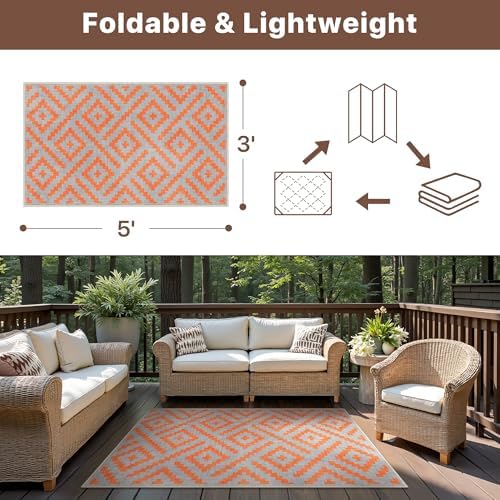 GENIMO Fall Decor Outdoor Rug 3'x5' for Porch, Plastic Door Mat Orange Grey - Image 2