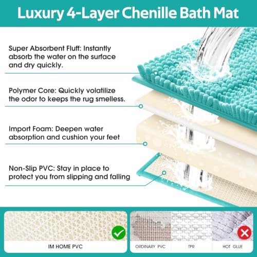 ACCUMTEK Striped Teal Green Bathroom Rug Set 3 Pieces Ultra Soft, Non Slip Chenille Toilet Mat, Absorbent Plush Shaggy Bath Mats for Bathroom, Bedroom, Kitchen, Turquoise - Image 5