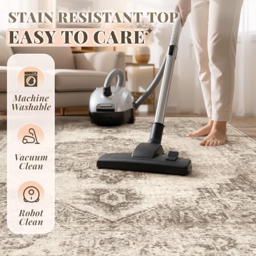 Area Rug 2x6 Runner Rugs: Washable Vintage Hallway Rug Indoor Medallion Rugs Low Pile Distressed Floor Carpet Retro Accent Rug for Kitchen Bedroom Bathroom Dining Room(Taupe, 2'x6') - Image 6
