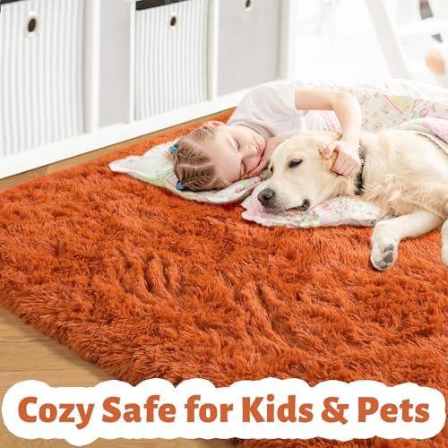 Amdrebio Burnt Orange Shag Furry Area Rug 5x8 for Living Room Bedroom Dorm - Image 2