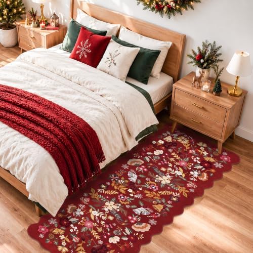 Christmas Red 2x6 Runner Rug: Washable Floral Scalloped Soft Kitchen Rugs - Image 4