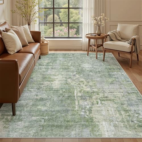 Soalmost Abstract Rug 5x8 Washable Area Rugs for Living Room, Green/Ivory by Soalmost