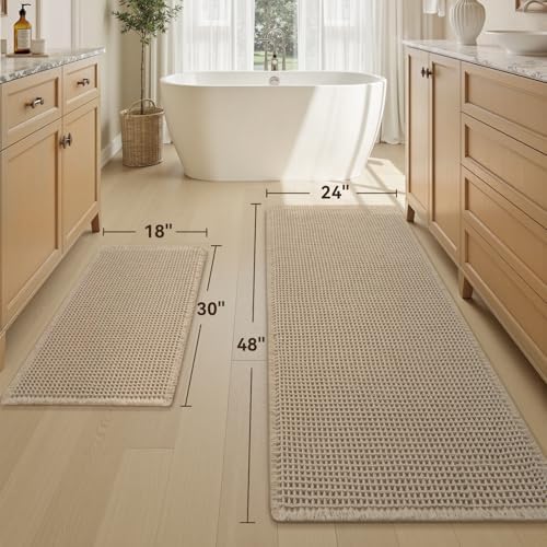 Upgraded Waffle Bath Mat Set of 2 Absorbent Bathroom Mat 18"x30" + 24"x48" - Image 2