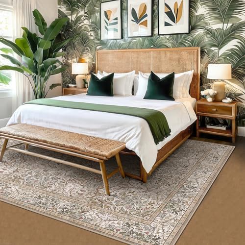 Washable Dining Room Rugs for Under Table - 6x9 Moss Green Oriental Area Rug for Living Room, Low Pile Non-Slip Floor Carpet for Bedroom Under Bed - Vintage Brown Neutral Design & Stain Resistance - Image 6