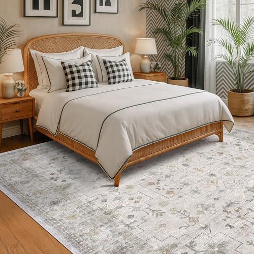 Light Gray & Sage Living Room Rug 8x10 - Washable Boho Low Pile Large Area Rug for Dining Room, Bedroom Carpet, Distressed Vintage Floral Design, Low Pile Stain Resistant - Image 3