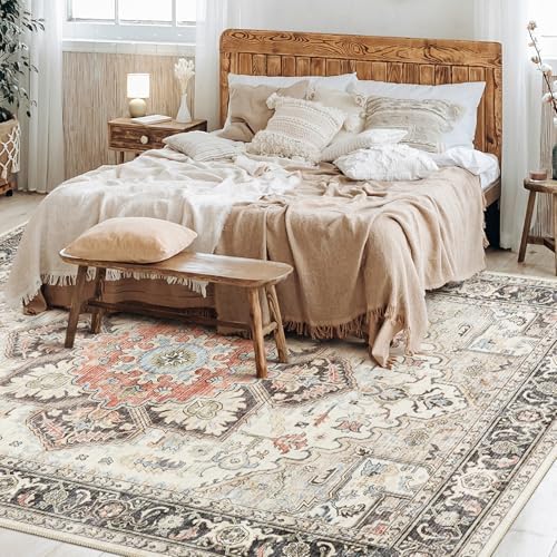Vintage 9x12 Rugs for Living Room Washable Area Rug Multi Cream - Image 6