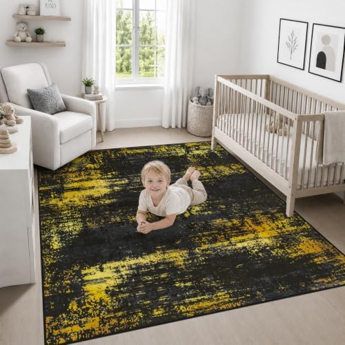 Area Rug Living Room: 5x5 Modern Washable Soft Carpet Black Gold - Image 5