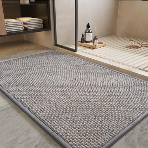 PADOOR-Bath Mat-Super Absorbent Chenille Bathroom Mats-Rubber Backed Bath Mats for Bathroom Non Slip, Easy Clean Bathroom Rugs Front of Bathtub,Shower Room,Sink-17×28, Grey&Beige by PADOOR