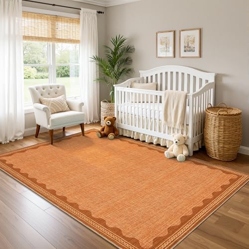 GarveeHome Scalloped Orange Washable Rugs 5x7 Rug for Living Room Solid Modern Minimalism Soft Low-Pile Carpet for Bedroom Dining Nursery Non Slip TPE Backing - Image 6