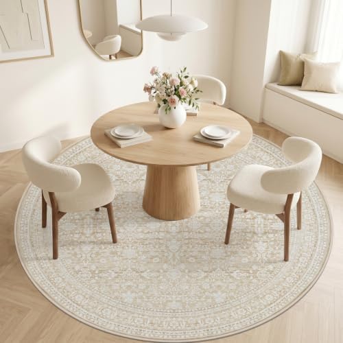 Round Area Rug Living Room: 8ft Washable Carpet Natural Beige - Image 2