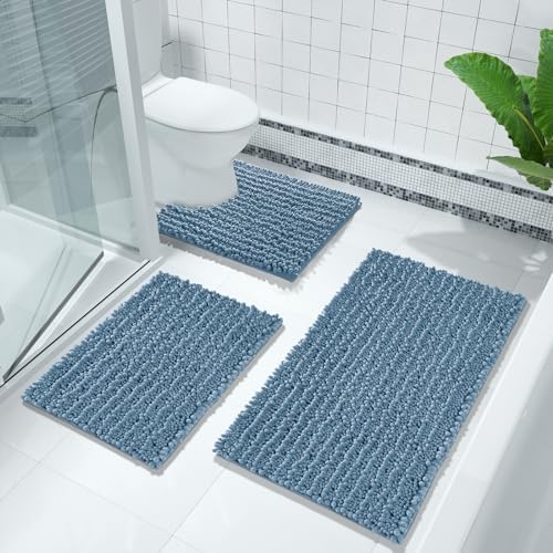 Yimobra Bathroom Rugs Non Slip Washable 32x20 Inch - Ultra Soft Absorbent Chenille Bath Mat, Quick Dry Shaggy Floor Carpet for Tub Shower, Denim Blue Home Decor Accessories - Image 2