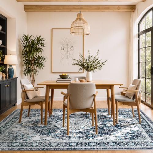 5x7 Area Rugs for Living Room, Boho Washable Non Slip Carpets, Dark Blue - Image 2
