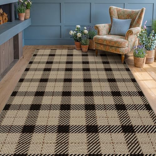 JTJ Easy Jute 6x9 Outdoor Area Rug, Black & Beige Plaid, Washable by JTJ