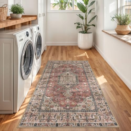 KUTA 3x5 Vintage Area Rug Terracotta Pink Washable Entryway Rugs - Image 3