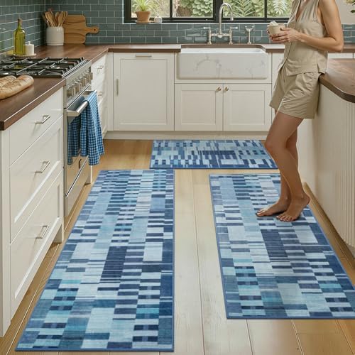 hicorfe Kitchen Runner Rugs,[No Crease] 3 Pieces Non Slip Kitchen Mats for Floor,Washable Kitchen Rugs,Geometric Floor Carpet for Hallways Entryway Laundry Room(20"x32"+20"x48"+21"x59" Navy Blue) by Hicorfe
