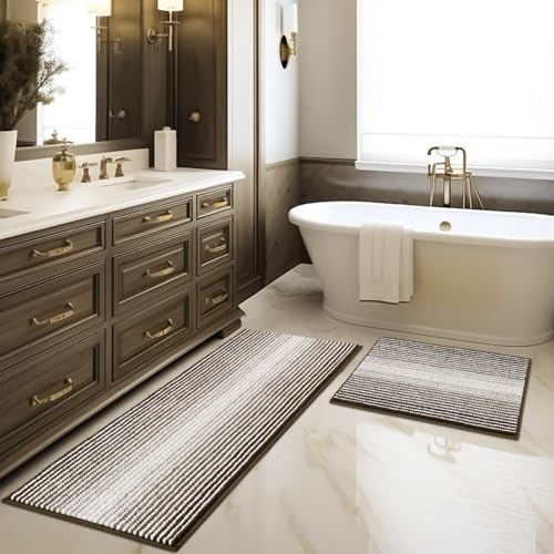 BSICPRO Bathroom Rugs Sets 2 Piece, Non Slip Striped Bath Mats, Latte by BSICPRO