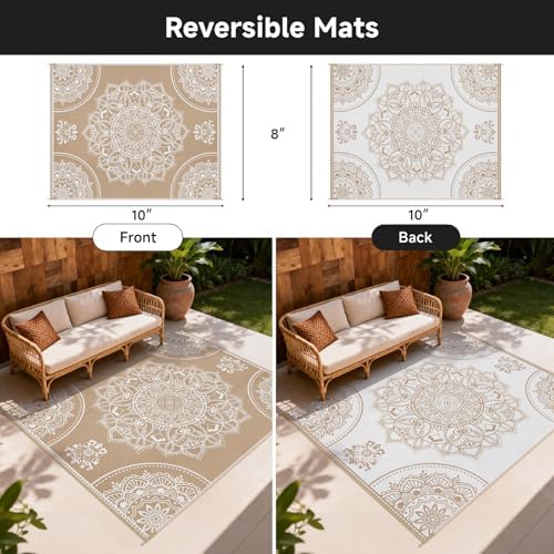 Pauwer Waterproof Outdoor Rug 8x10, Plastic Straw Patio Mat, Floral Brown - Image 2