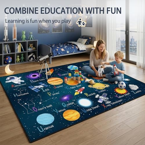 5x7 Ft ABC Alphabet Educational Area Rug for Children Girls Boys Leaning, Outer Space Decorative Rug for Kids Playroom, Classroom, Bedroom, Non-Slip & Soft Faux Wool Kids Carpet-Washable - Image 6