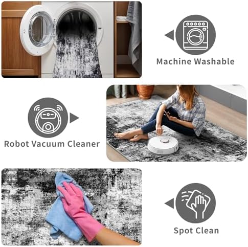 2x6 Washable Runner Rugs for Hallway: Easy-to-Clean Abstract Runners for Entryway Bedroom - Stain and Water Resistant Rugs with Non-Slip Backing - Soft Low-Pile Carpet Black Grey - Image 4