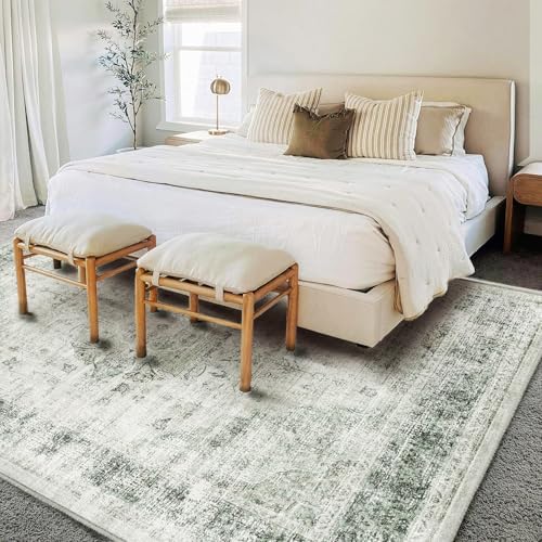 CHAMPLANT Area Rug 6'x9' Washable Floral Green Vintage Traditional Floor Cover Thin Retro Kitchen Indoor Distressed Non Slip Carpet for Living Room Bedroom Dining Room - Image 2