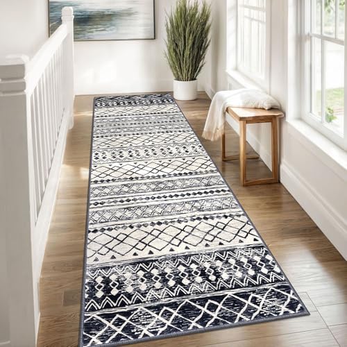 KUTA Moroccan Kitchen Rugs 3x8 Vintage Black Navy Blue Boho Hallway Runner - Image 3