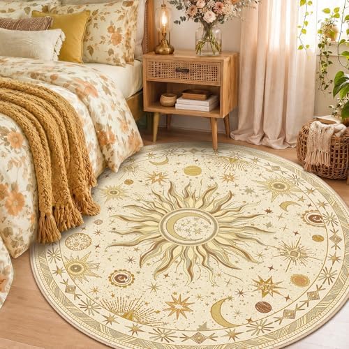 Vacuum-Friendly, Round 4ft Washable Area Rug, Beige Camel Brown - Image 2
