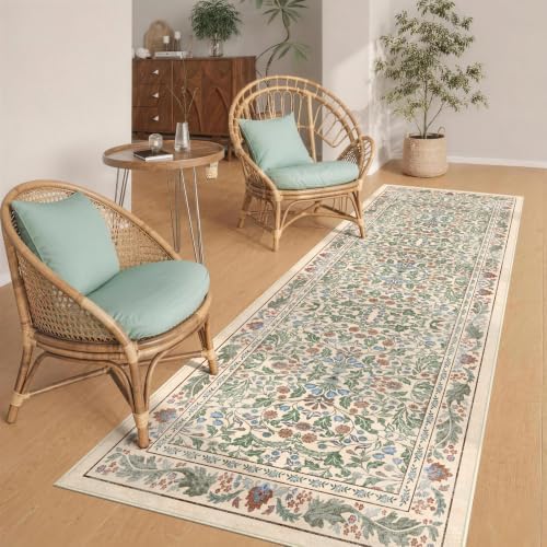 2.6x8 Runner Rug for Hallway, Washable Kitchen Runner Non Slip, Soft Low Pile Entryway Carpet, Vintage Floral Stain Resistant Long Laundry Room Rugs for Bedroom, Stairs, Beige - Image 3