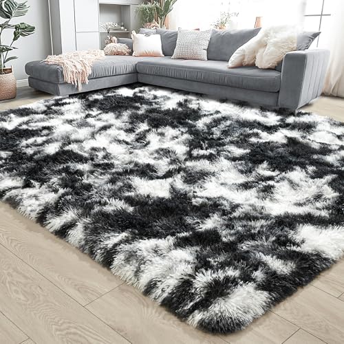 Noahas 4x6 Tie-Dyed Black and White Fluffy Area Rug Non-Slip for Bedroom - Image 3