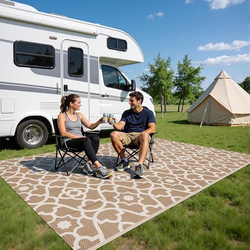HEBE Waterproof Outdoor Rug 5'x8', Geometric Reversible Plastic Patio Rug - Image 3