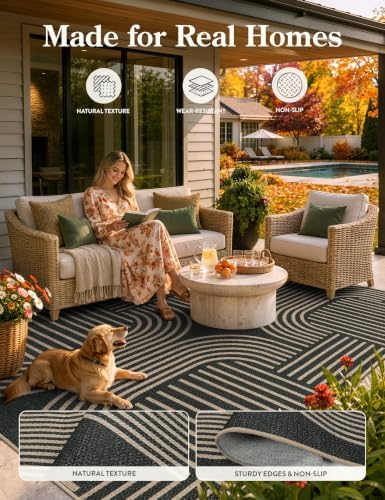 Lahome Modern Dining Room Rug, Black Geometric Indoor Outdoor Rug 8x10 - Image 2