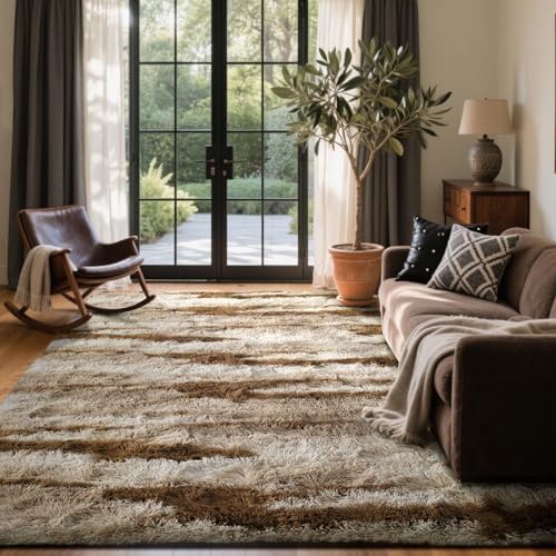 Area Rugs for Living Room, 5x7 Feet Soft Fluffy Shagg Plush Rug High Pile Large Indoor Modern Non-Slip Floor Carpet for Bedroom Nursery Kids Home Room Dorm Decor Aesthetic Tie-Dyed Khaki by Cuzwlovita