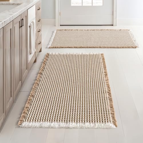 MIULEE Set of 2 Waffle Bathroom Rugs Boho Bath Mat Brown&White 24x36 Inch by MIULEE