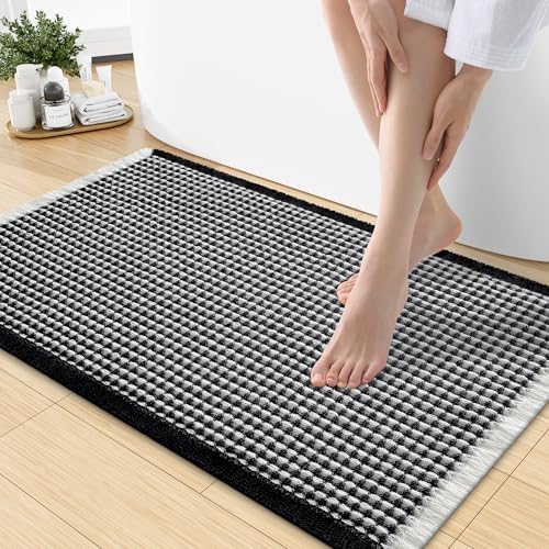 Smiry Waffle Bath Mat 30X18, Soft Absorbent Bathroom Rugs, Black & Cream by Smiry