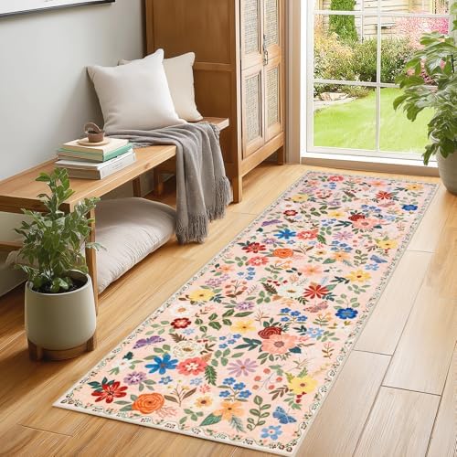 PLHXFR 2x6 Washable Runner Rug：Floral Indoor Kitchen Soft Carpet Beige - Image 3