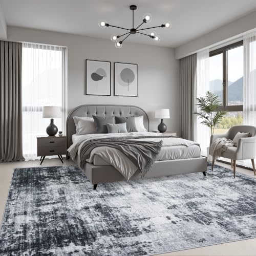9x12 Area Rug Living Room Rug: Washable Modern Abstract Soft Thin Rug Indoor Floor No Slip Stain Resistant Carpet for Bedroom Dining Room Farmhouse Nursery Home Office - Dark Black - Image 3