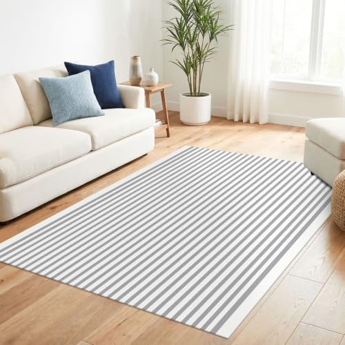 KILOCOCO Striped Rug 4x6 ft Washable Woven Front Door Rug, Grey and White - Image 3