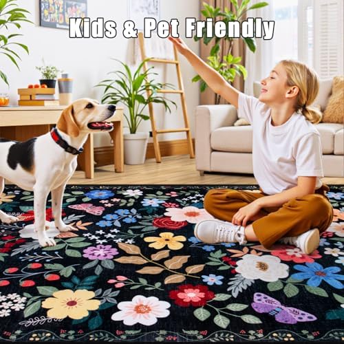 PLHXFR Area Rug Living Room: 3x5 Floral Washable Boho Soft Carpet Black - Image 6
