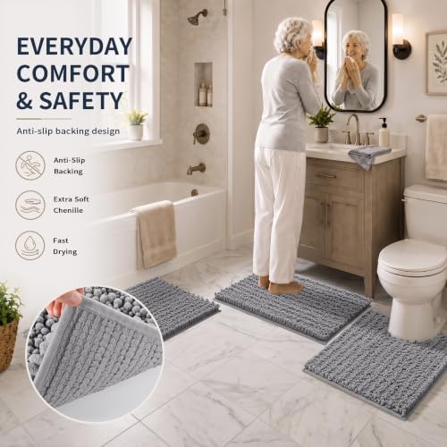 Yimobra Bathroom Rug Set 3 Piece, Super Water Absorbent Bath Mat Set, Grey - Image 5